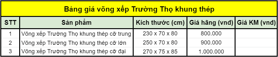 Bảng giá võng xếp Trường Thọ khung thép